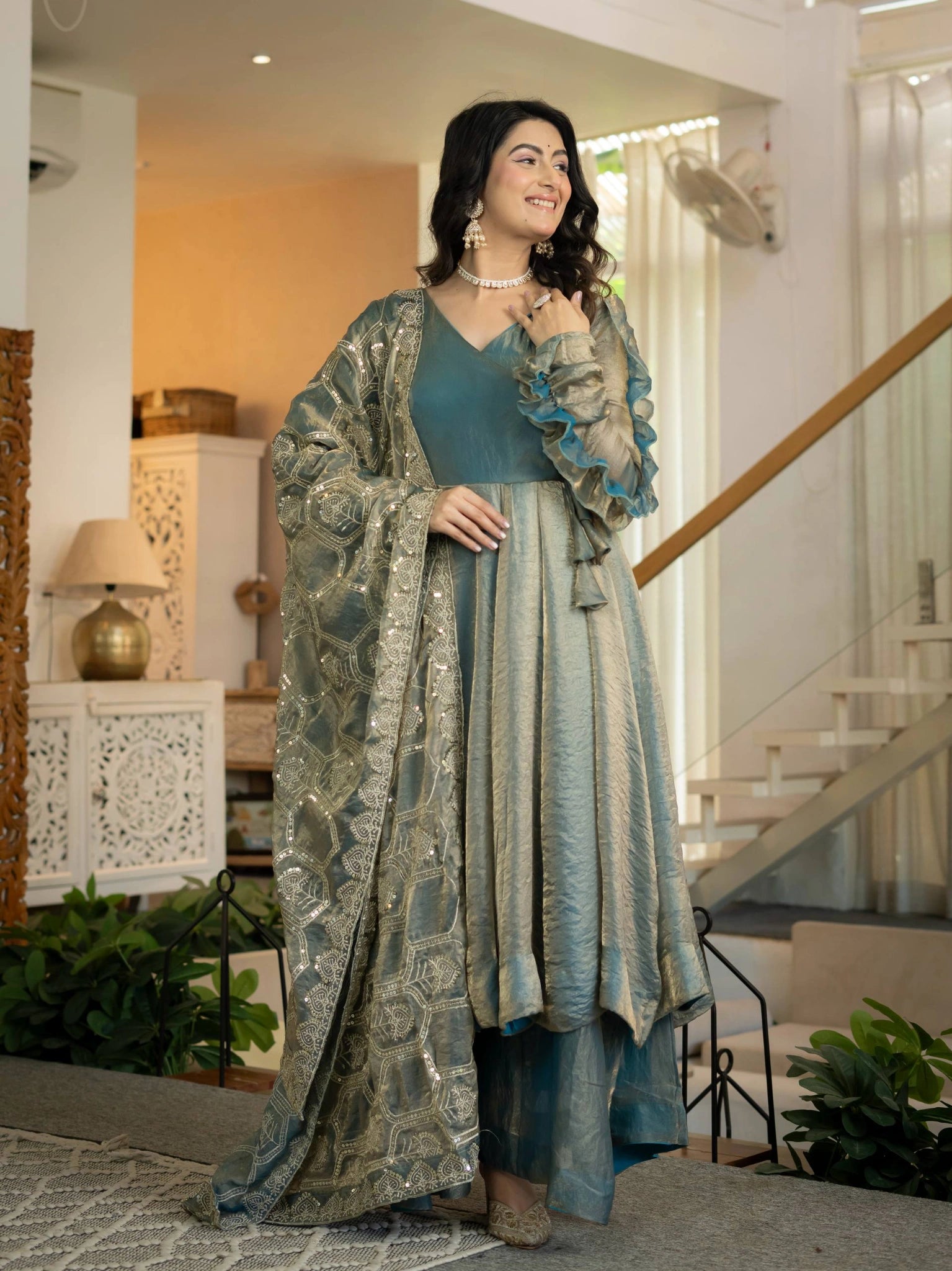 Teal Gray Fendy Silk Suit KU320 full length